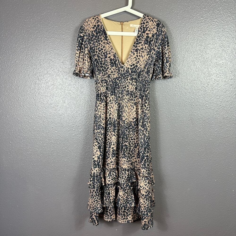 ANTHROPOLOGIE HUTCH ADELIA RUFFLED MIDI DRESS Leopard Print Size xs